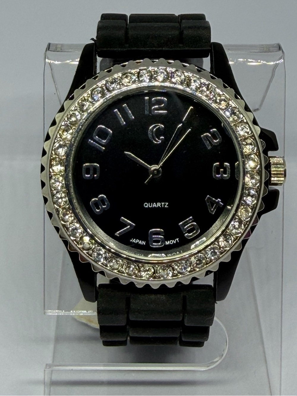 Charming Charlie Black and Silver Crystal Bezel Quartz Watch